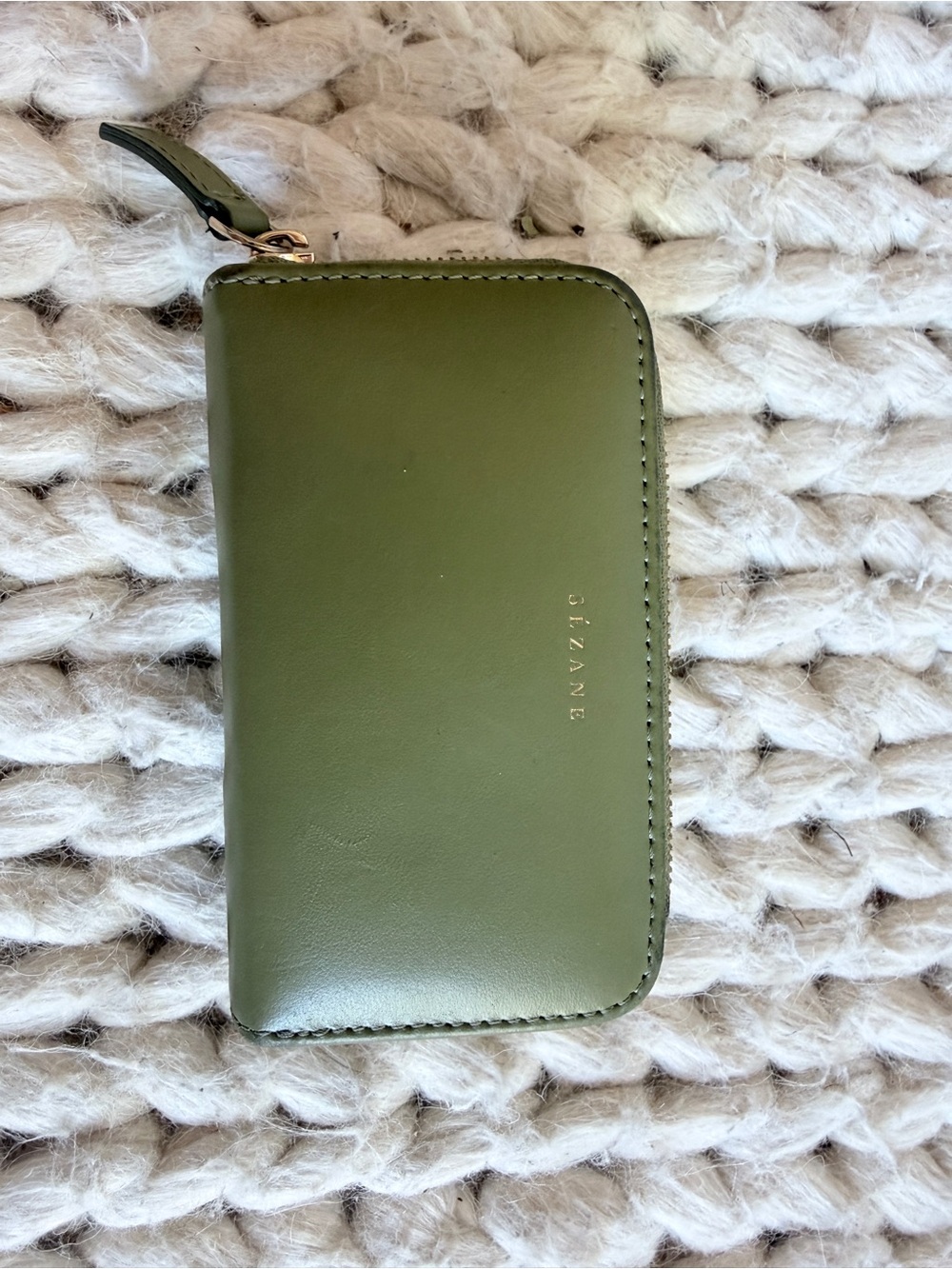 Sezane Olive Green Leather Zip Card Wallet with Gold Hardware